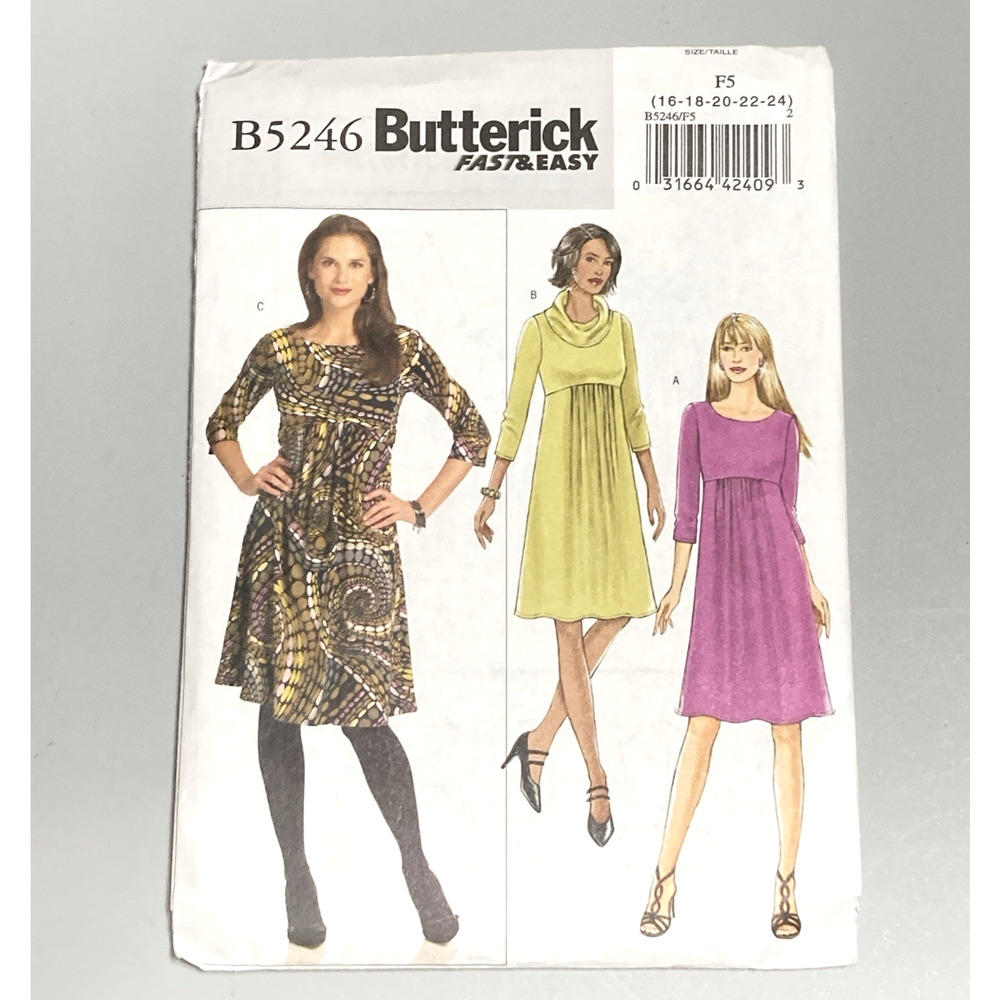 Butterick 5246 FAST&EASY Pattern Pullover A-Line Dress Misses 16-24 UNCUT